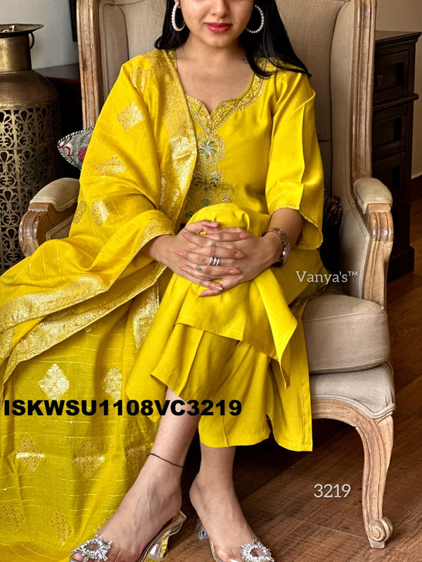 Embroidered Silk Kurti With Pant And Jacquard Chanderi Dupatta-ISKWSU1108VC3219