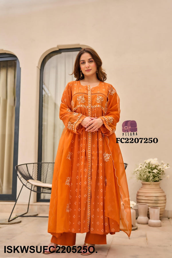Bandhani Printed Malmal Cotton Kurti With Cotton Pant And Organza Dupatta-ISKWSUFC220525O.