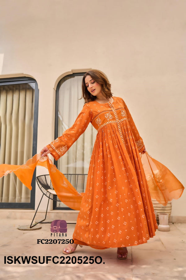 Bandhani Printed Malmal Cotton Kurti With Cotton Pant And Organza Dupatta-ISKWSUFC220525O.