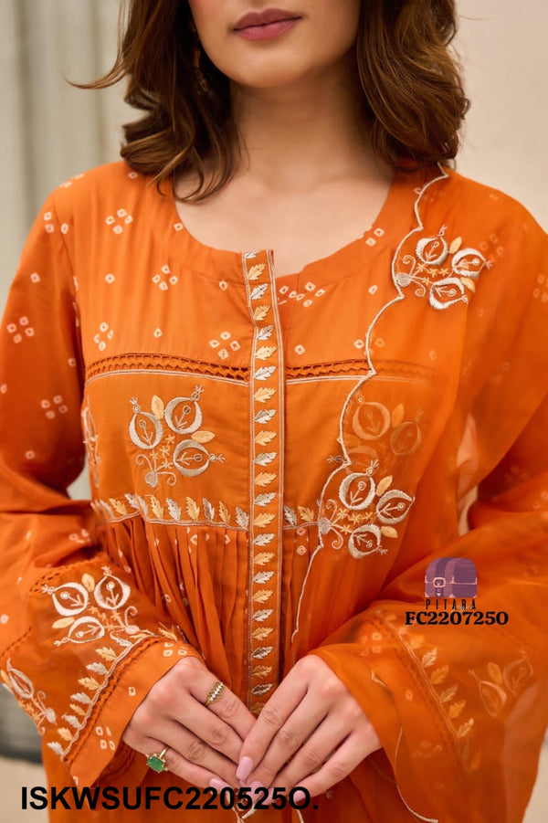 Bandhani Printed Malmal Cotton Kurti With Cotton Pant And Organza Dupatta-ISKWSUFC220525O.