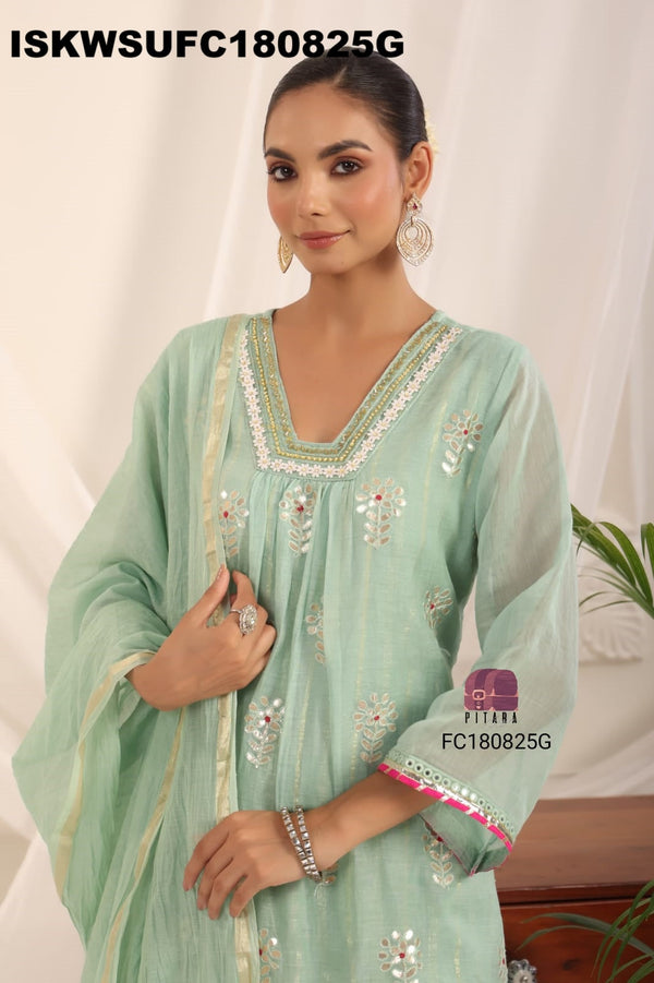 Embroidered Malmal Chanderi Kurti With Silk Pant And Dupatta-ISKWSUFC180825C/FC180825G
