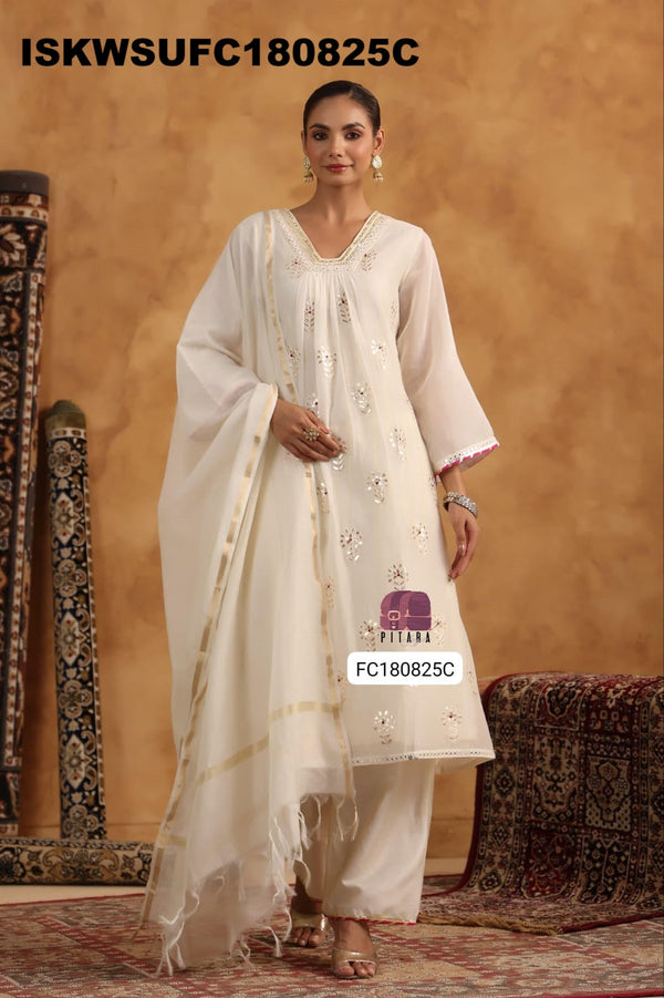 Embroidered Malmal Chanderi Kurti With Silk Pant And Dupatta-ISKWSUFC180825C/FC180825G