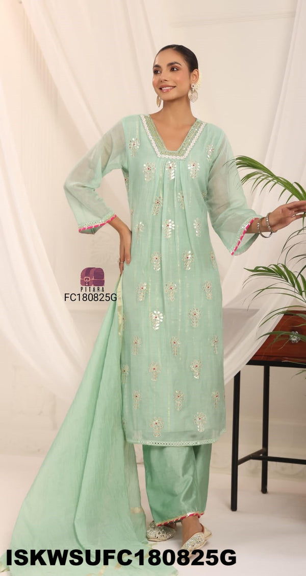 Embroidered Malmal Chanderi Kurti With Silk Pant And Dupatta-ISKWSUFC180825C/FC180825G