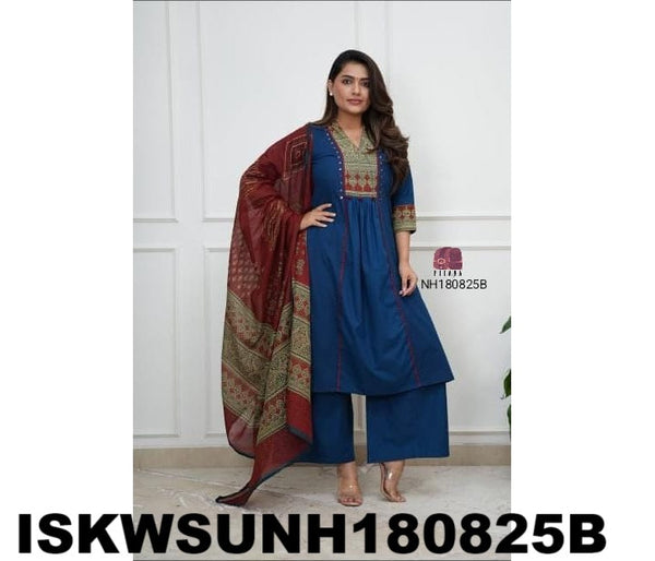 Embroidered Cotton Kurti With Palazzo And Printed Dupatta-ISKWSUNH180825M/NH180825B/NH180825K