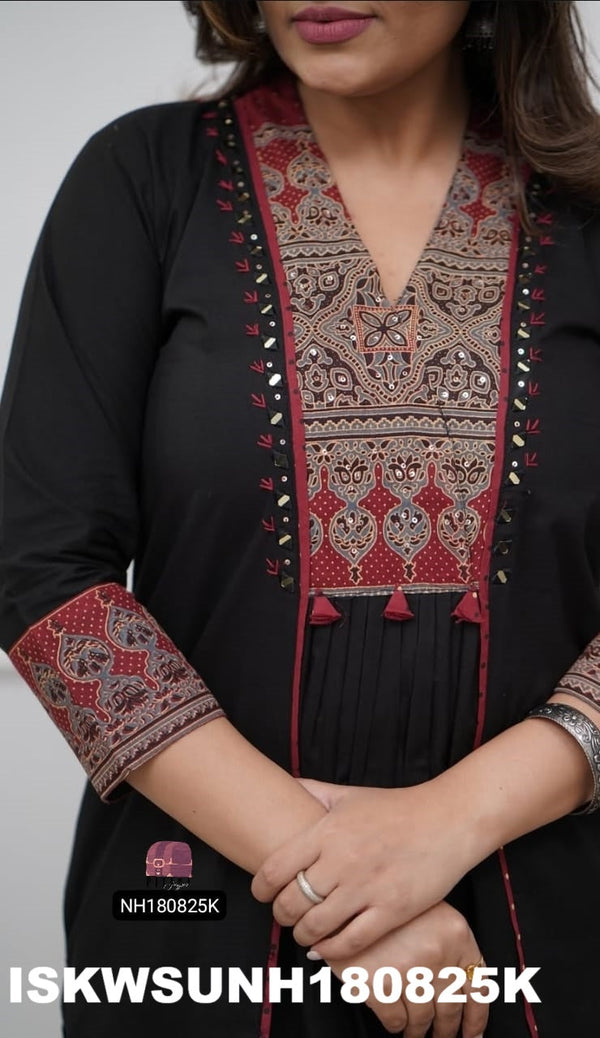 Embroidered Cotton Kurti With Palazzo And Printed Dupatta-ISKWSUNH180825M/NH180825B/NH180825K