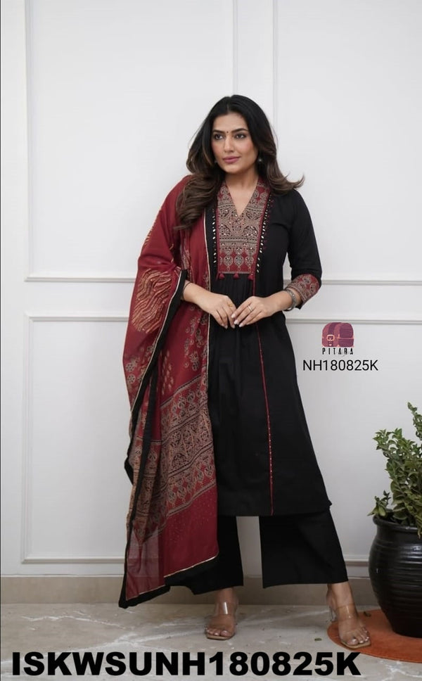 Embroidered Cotton Kurti With Palazzo And Printed Dupatta-ISKWSUNH180825M/NH180825B/NH180825K