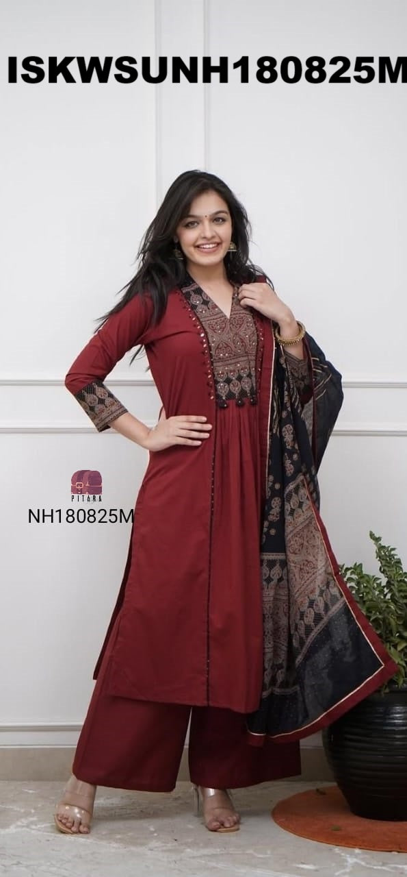Embroidered Cotton Kurti With Palazzo And Printed Dupatta-ISKWSUNH180825M/NH180825B/NH180825K