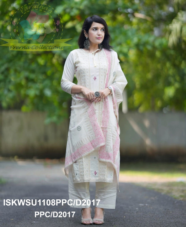 Cotton Schiffli Kurti With Pant And Hand Block Printed Malmal Cotton Dupatta-ISKWSU1108PPC/D2017