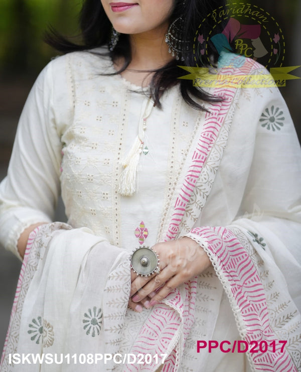 Cotton Schiffli Kurti With Pant And Hand Block Printed Malmal Cotton Dupatta-ISKWSU1108PPC/D2017