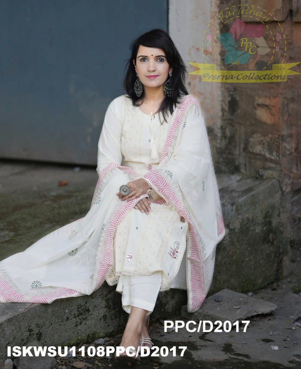 Cotton Schiffli Kurti With Pant And Hand Block Printed Malmal Cotton Dupatta-ISKWSU1108PPC/D2017