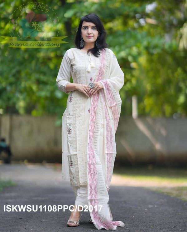 Cotton Schiffli Kurti With Pant And Hand Block Printed Malmal Cotton Dupatta-ISKWSU1108PPC/D2017