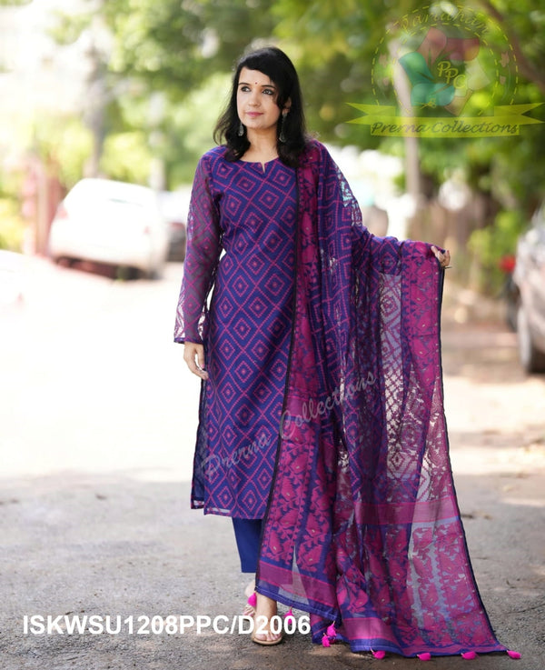 Jamdani Hand Weaved Cotton Kurti With Pant And Dupatta-ISKWSU1208PPC/D2006