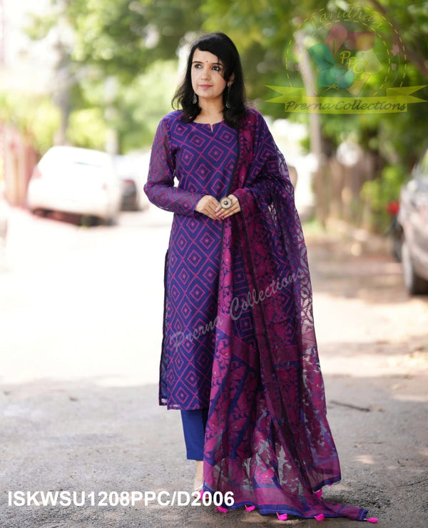 Jamdani Hand Weaved Cotton Kurti With Pant And Dupatta-ISKWSU1208PPC/D2006