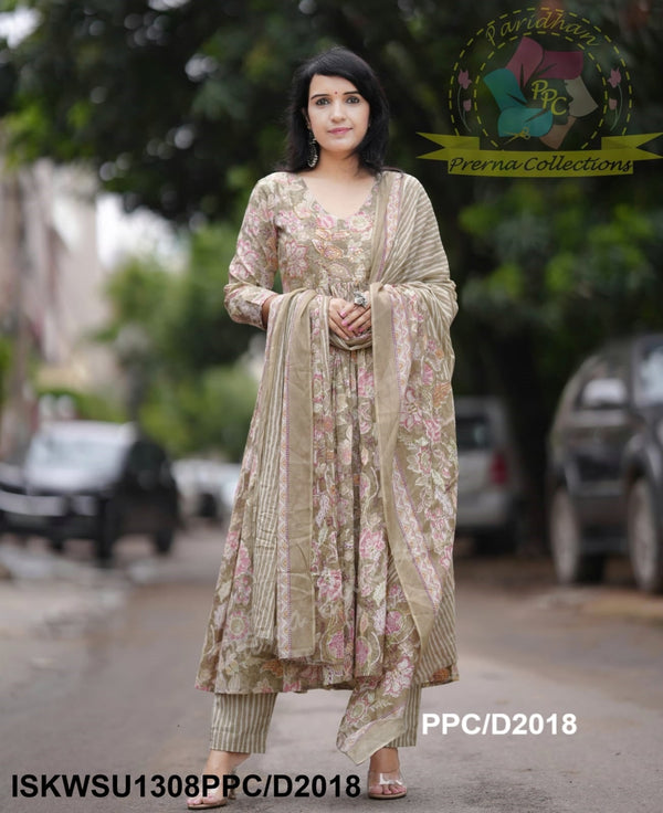 Block Printed Cotton Anarkali Kurti With Pant And Malmal Cotton Dupatta-ISKWSU1308PPC/D2018