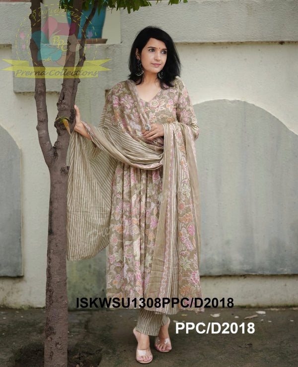 Block Printed Cotton Anarkali Kurti With Pant And Malmal Cotton Dupatta-ISKWSU1308PPC/D2018