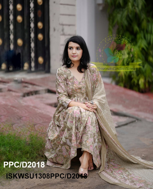 Block Printed Cotton Anarkali Kurti With Pant And Malmal Cotton Dupatta-ISKWSU1308PPC/D2018