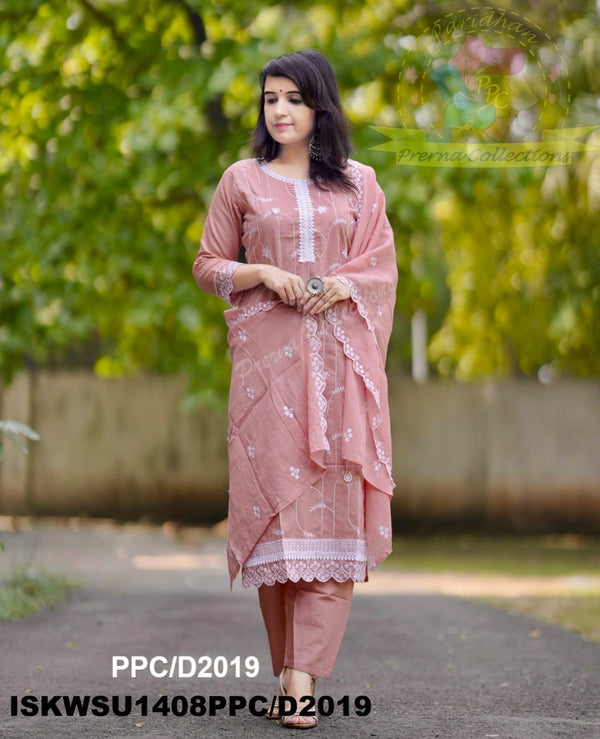 Embroidered Cotton Kurti With Pant And Dupatta-ISKWSU1408PPC/D2019