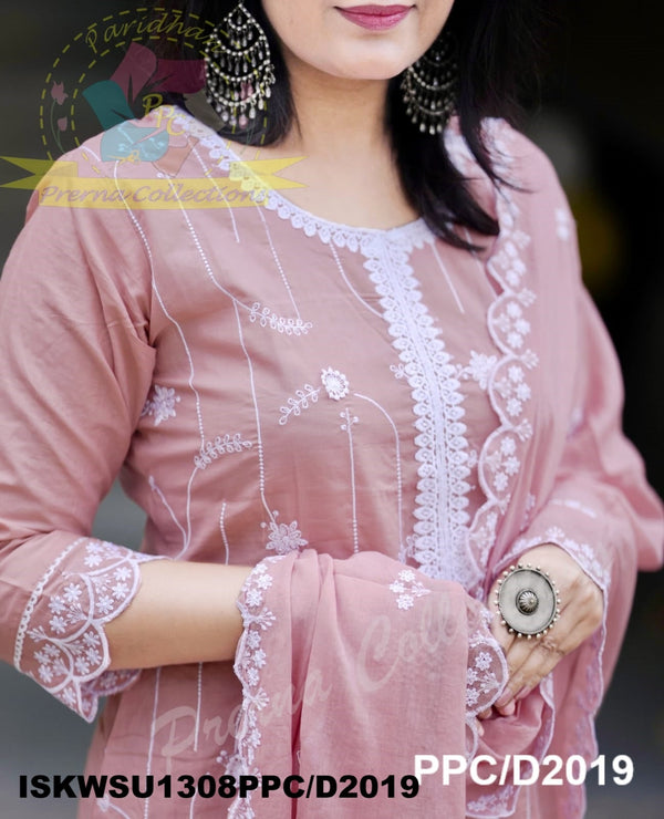 Embroidered Cotton Kurti With Pant And Dupatta-ISKWSU1308PPC/D2019