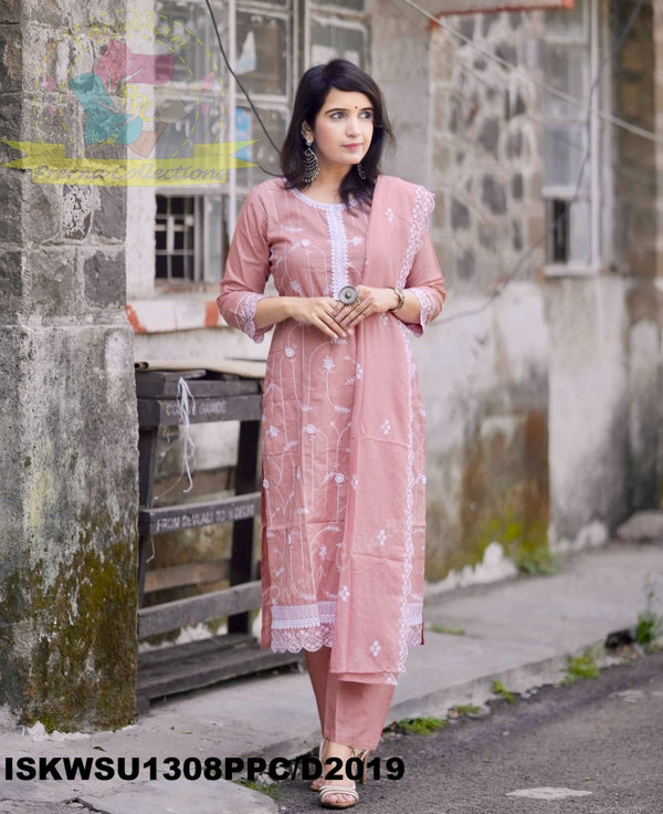 Embroidered Cotton Kurti With Pant And Dupatta-ISKWSU1308PPC/D2019