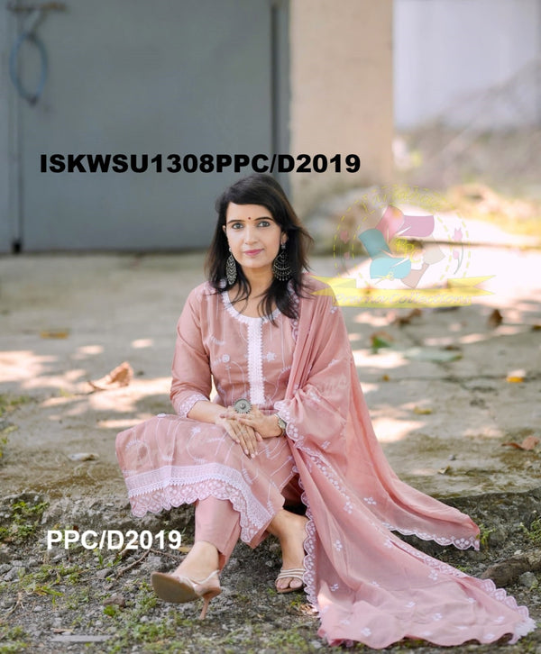 Embroidered Cotton Kurti With Pant And Dupatta-ISKWSU1308PPC/D2019