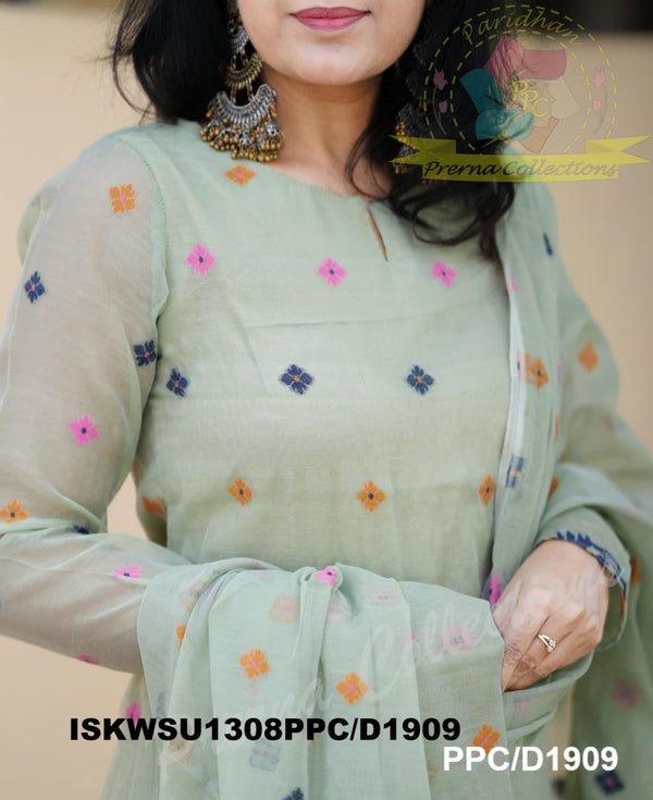 Jamdani Hand Weaved Cotton Kurti With Pant And Dupatta-ISKWSU1308PPC/D1909