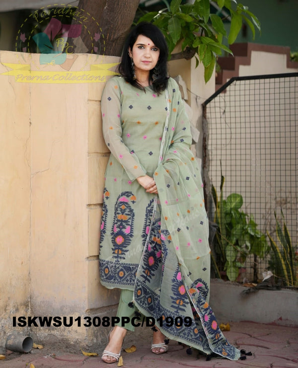 Jamdani Hand Weaved Cotton Kurti With Pant And Dupatta-ISKWSU1308PPC/D1909