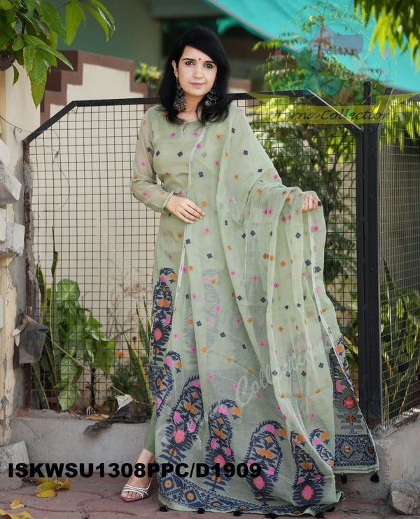 Jamdani Hand Weaved Cotton Kurti With Pant And Dupatta-ISKWSU1308PPC/D1909