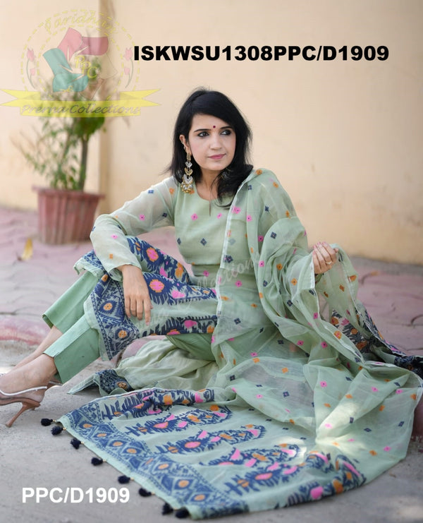 Jamdani Hand Weaved Cotton Kurti With Pant And Dupatta-ISKWSU1308PPC/D1909