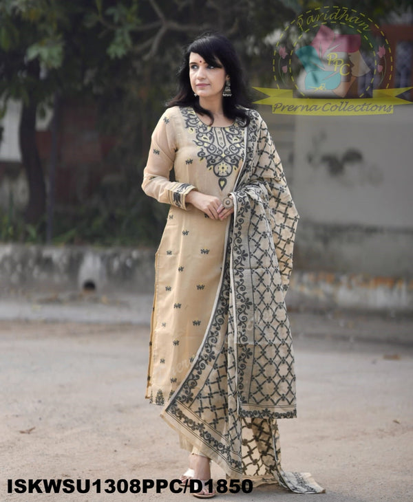 Jamdani Weaved Cotton Kurti With Pant And Dupatta-ISKWSU1308PPC/D1850