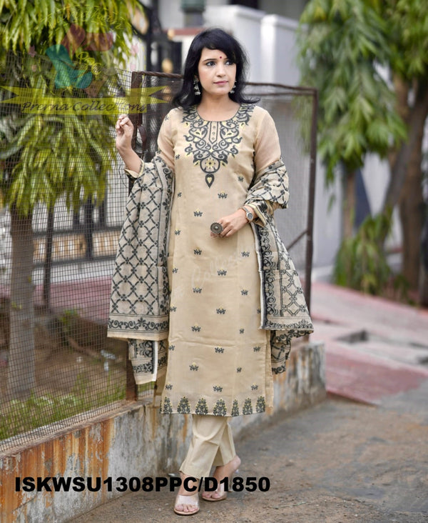Jamdani Weaved Cotton Kurti With Pant And Dupatta-ISKWSU1308PPC/D1850