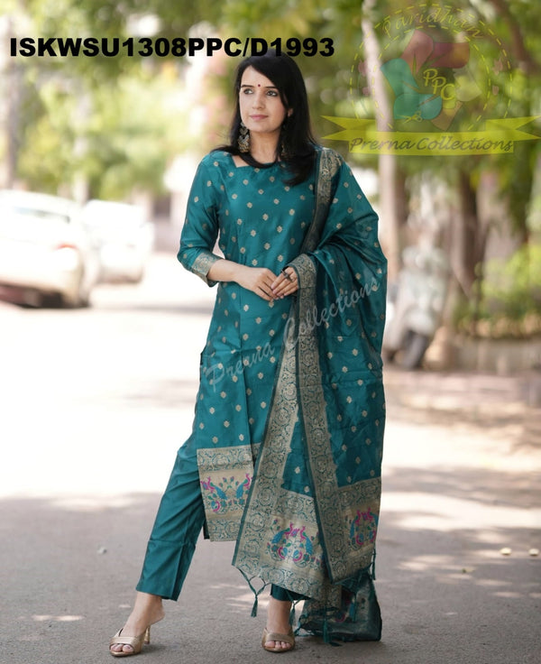Banarasi Weaved Chanderi Silk Kurti With Pant And Banarasi Dupatta-ISKWSU1308PPC/D1993