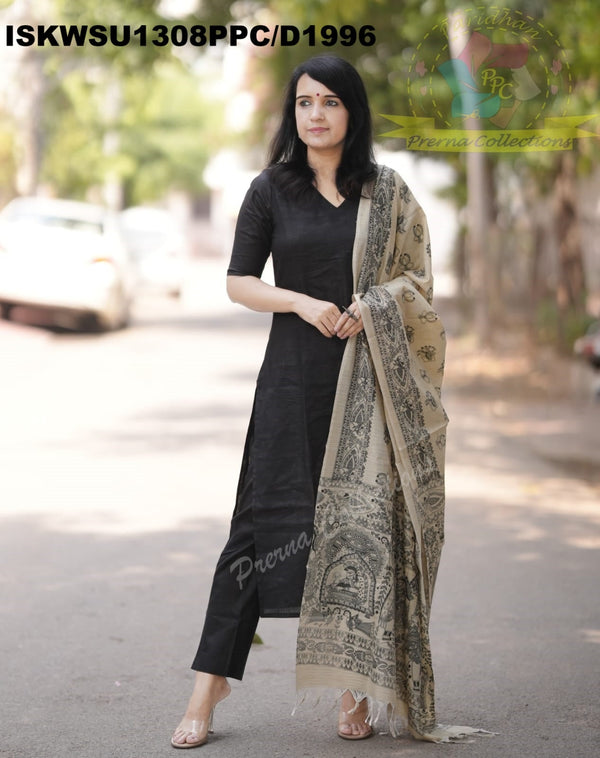 Khadi Cotton Kurti With Khadi Pant And Madhubani Printed Dupatta-ISKWSU1308PPC/D1996
