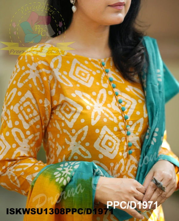 Batik Printed Silk Kurti With Pant And Dupatta-ISKWSU1308PPC/D1971