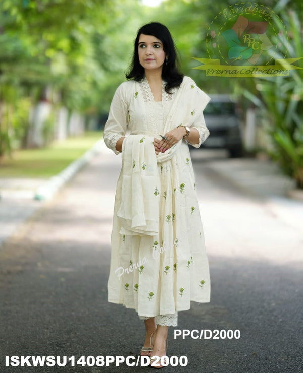 Embroidered Malmal Cotton Anarkali Kurti With Cotton Pant And Dupatta-ISKWSU1408PPC/D2000