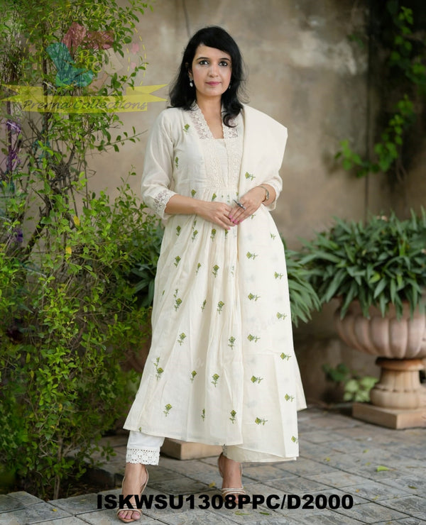 Embroidered Malmal Cotton Kurti With Cotton Pant And Dupatta-ISKWSU1308PPC/D2000