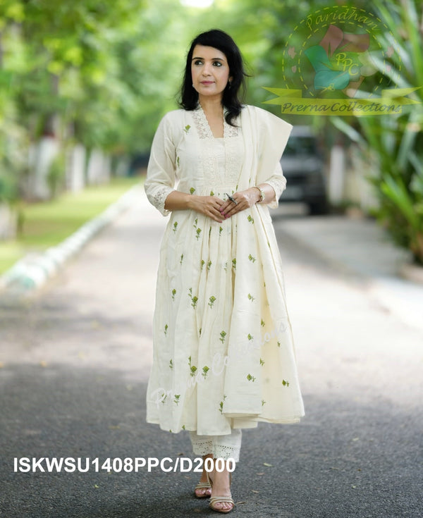 Embroidered Malmal Cotton Anarkali Kurti With Cotton Pant And Dupatta-ISKWSU1408PPC/D2000