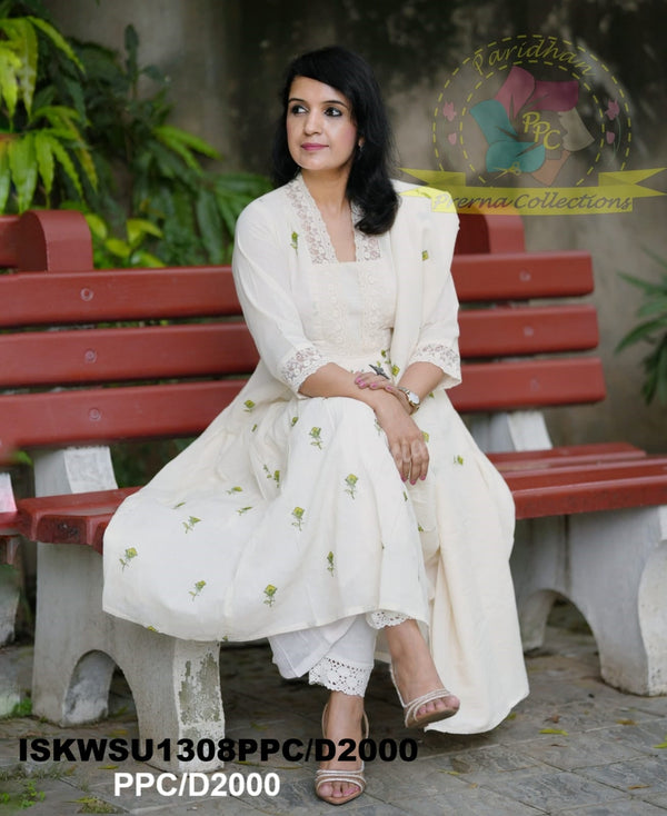 Embroidered Malmal Cotton Kurti With Cotton Pant And Dupatta-ISKWSU1308PPC/D2000
