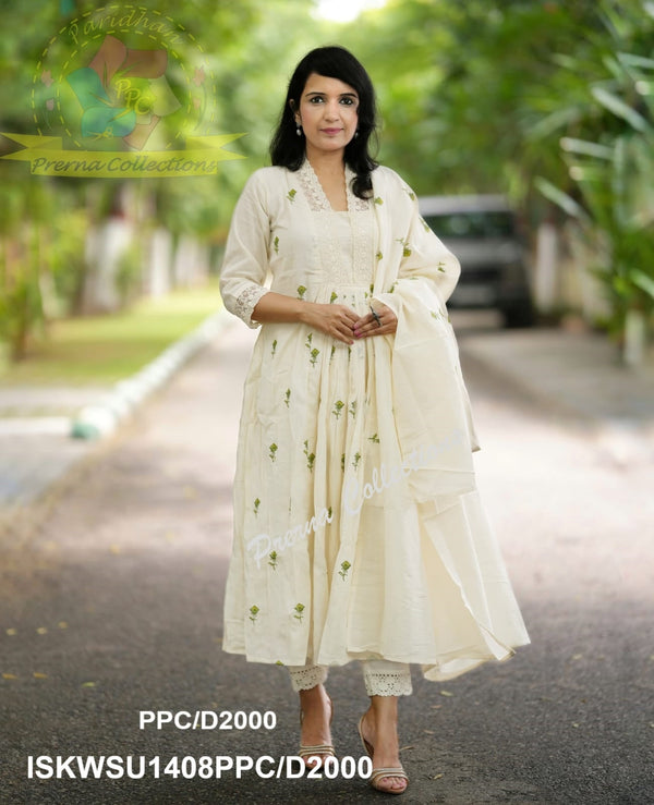 Embroidered Malmal Cotton Anarkali Kurti With Cotton Pant And Dupatta-ISKWSU1408PPC/D2000