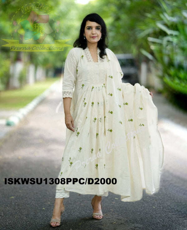 Embroidered Malmal Cotton Kurti With Cotton Pant And Dupatta-ISKWSU1308PPC/D2000