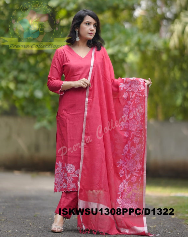 Hand Crafted Cotton Kurti With Pant And Handloom Dupatta-ISKWSU1308PPC/D1322