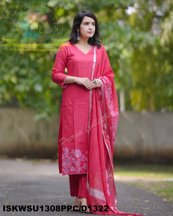 Hand Crafted Cotton Kurti With Pant And Handloom Dupatta-ISKWSU1308PPC/D1322