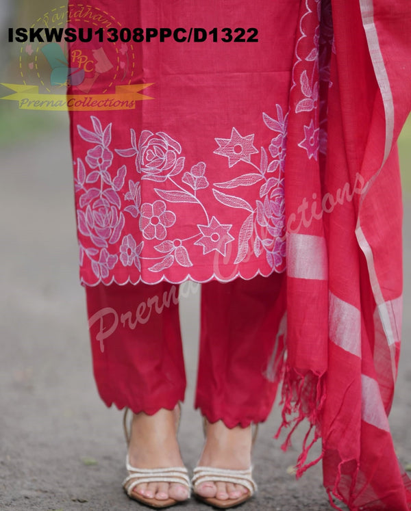 Hand Crafted Cotton Kurti With Pant And Handloom Dupatta-ISKWSU1308PPC/D1322