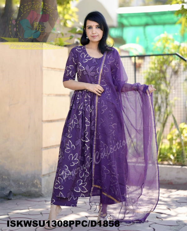 Floral Printed Cotton Anarkali Kurti With Pant And Kota Doriya Dupatta-ISKWSU1308PPC/D1858