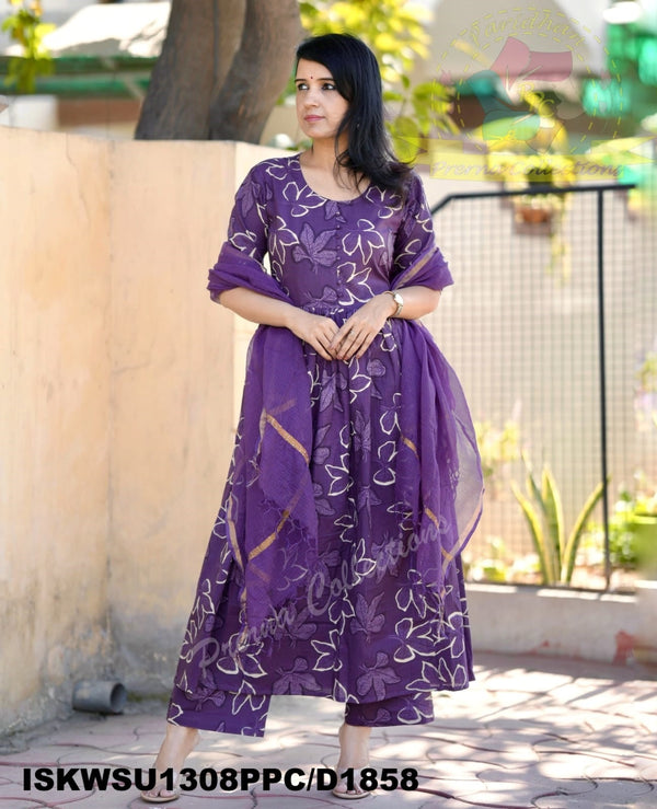 Floral Printed Cotton Anarkali Kurti With Pant And Kota Doriya Dupatta-ISKWSU1308PPC/D1858
