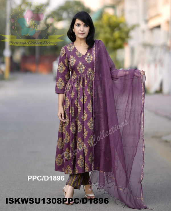 Ajrakh Printed Cotton Anarkali Kurti With Striped Pant And Kota Doriya Dupatta-ISKWSU1308PPC/D1896