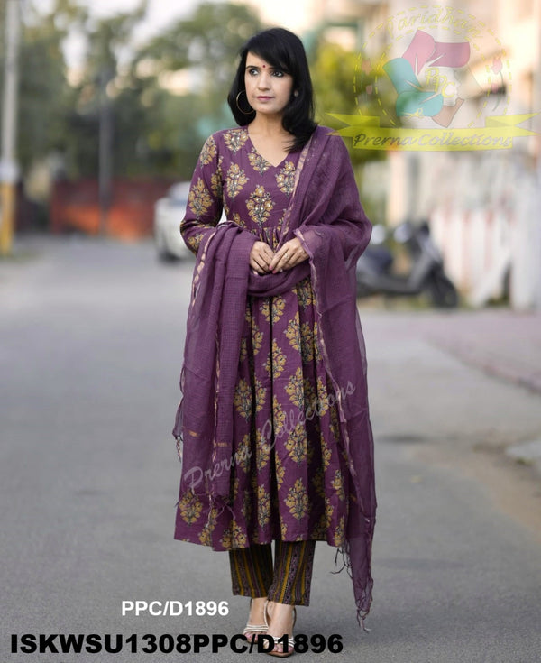 Ajrakh Printed Cotton Anarkali Kurti With Striped Pant And Kota Doriya Dupatta-ISKWSU1308PPC/D1896
