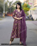 Ajrakh Printed Cotton Anarkali Kurti With Striped Pant And Kota Doriya Dupatta-ISKWSU1308PPC/D1896