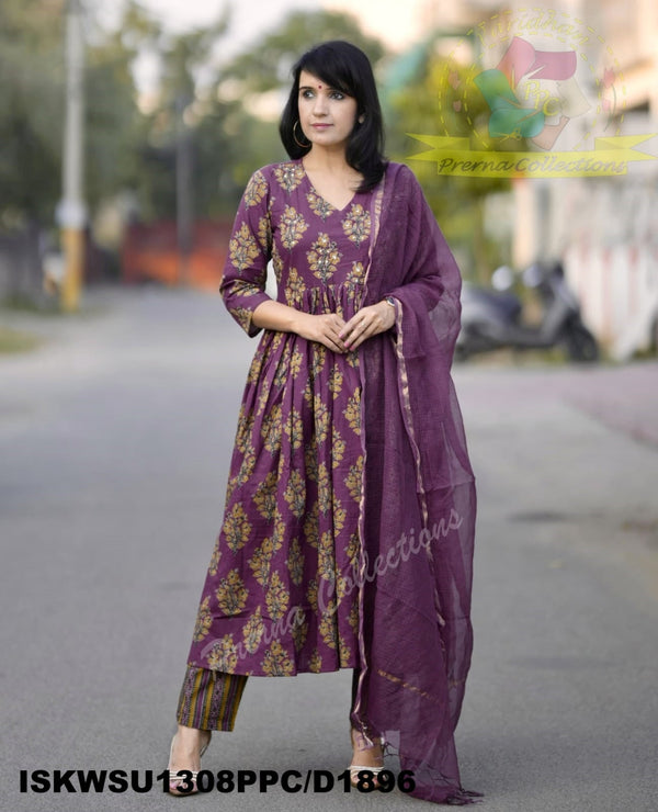 Ajrakh Printed Cotton Anarkali Kurti With Striped Pant And Kota Doriya Dupatta-ISKWSU1308PPC/D1896