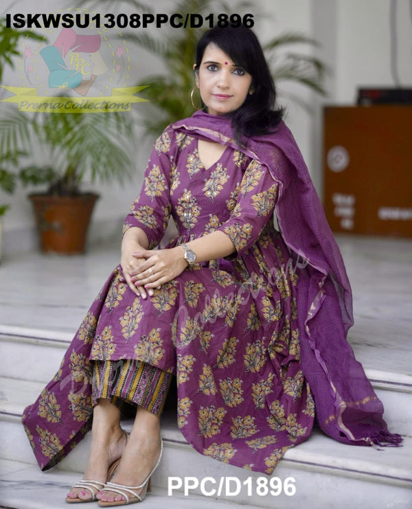 Ajrakh Printed Cotton Anarkali Kurti With Striped Pant And Kota Doriya Dupatta-ISKWSU1308PPC/D1896