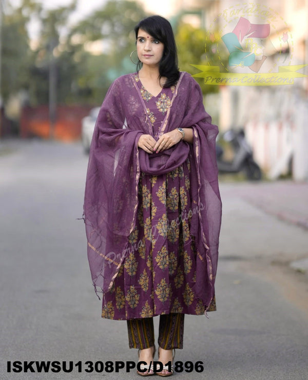 Ajrakh Printed Cotton Anarkali Kurti With Striped Pant And Kota Doriya Dupatta-ISKWSU1308PPC/D1896